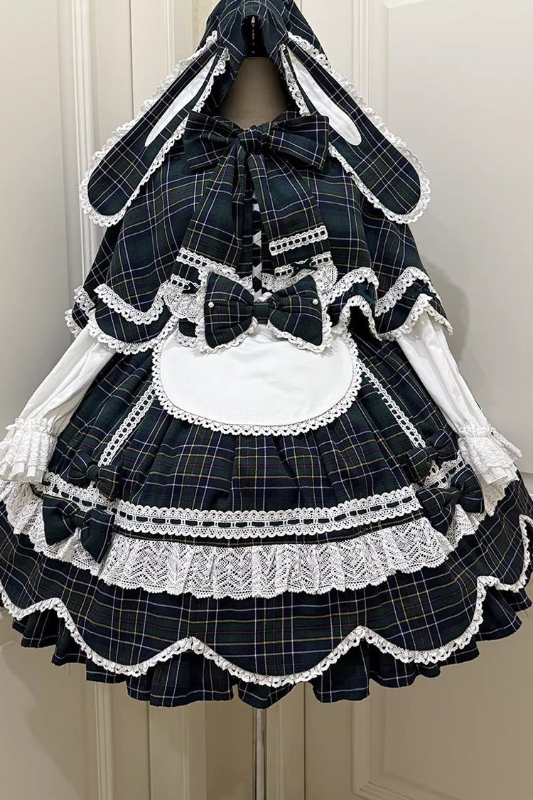 Emerald Gingham Petal Bunny Short-Sleeve Ruffled Bow OP Dress