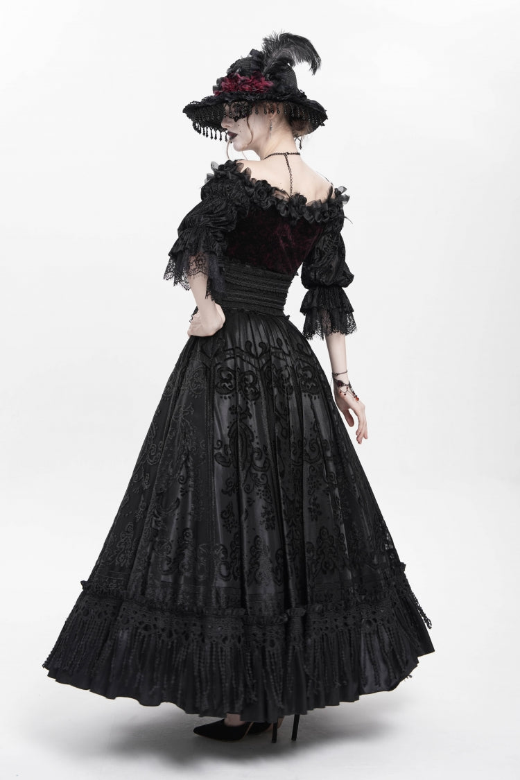 Gothic Long Skirt with Black Jacquard Embroidery, Buckle and Tassel Accents
