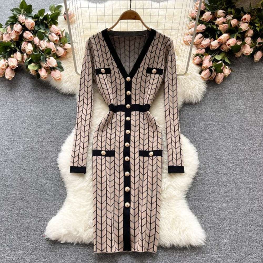 Robe moulante en tricot à manches longues et col en V pour femme, noire, motif géométrique, AR1017