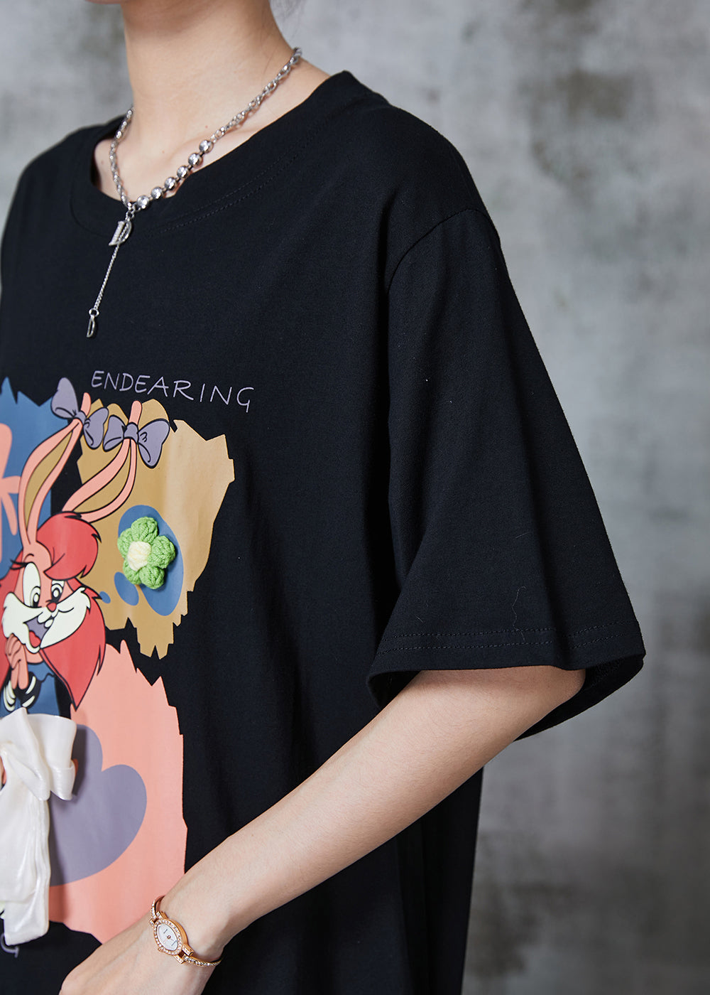 Robe longue décontractée en coton patchwork avec nœud de dessin animé noir pour l'été QA1017