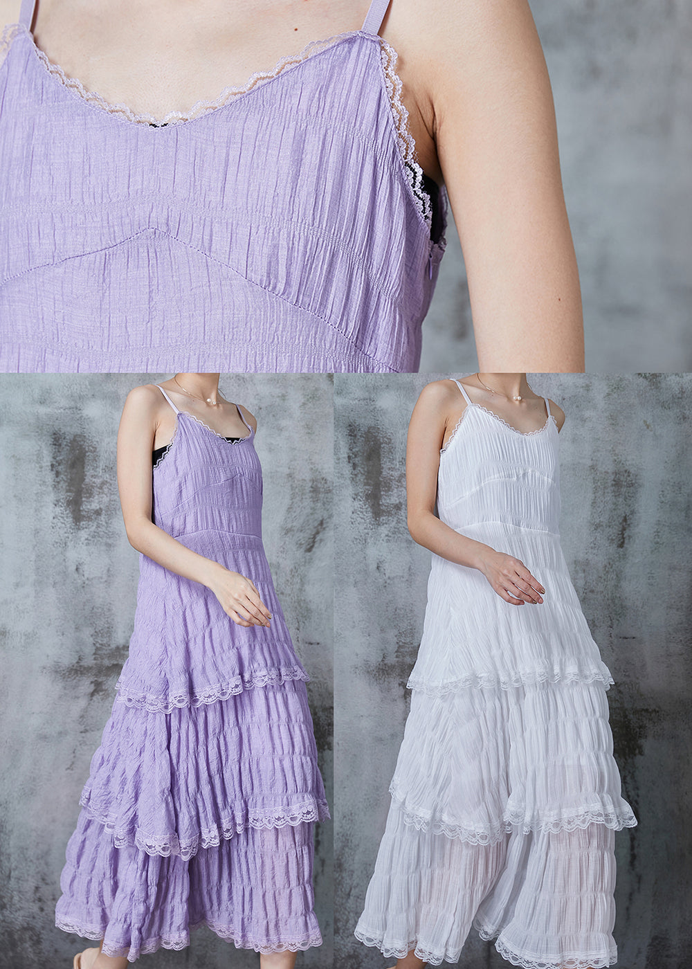 Weißes Patchwork-Spaghettiträgerkleid aus Baumwolle mit Falten im Sommer QA1024