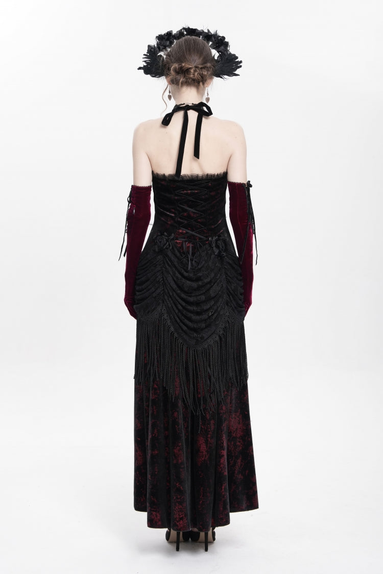 Crimson Gothic Maxi Dress with Floral Embroidery and Lace-Up Pleats