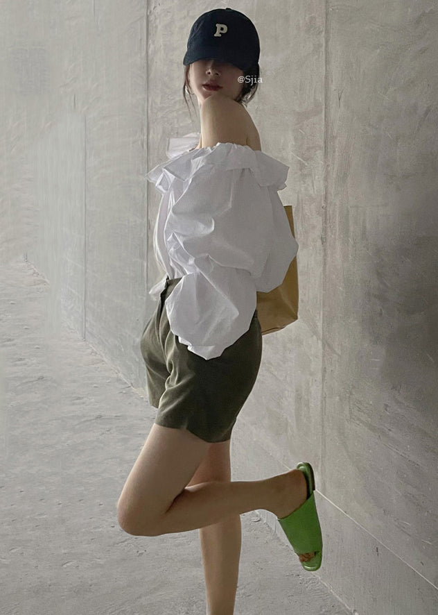 Cold Blouse Puff Sleeve French Shoulder Cotton White Top