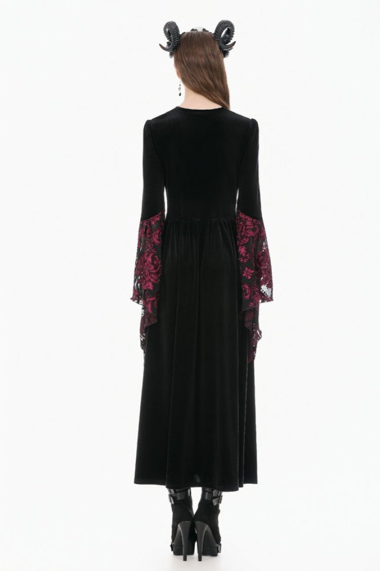 Crimson & Obsidian Square Collar Long Flare Puff Sleeves Lace Victorian Velvet Long Dress
