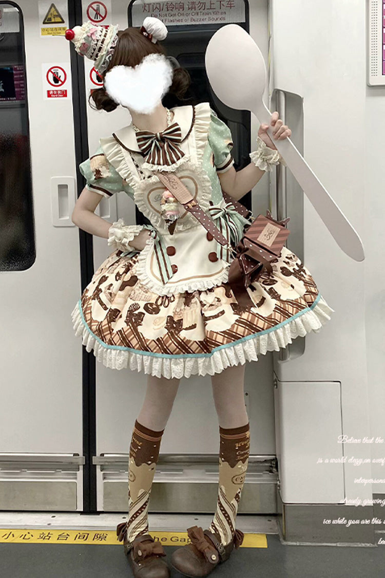 Peppermint Chocolate Cake Bear Print Lace-Up Lolita Dress with Bow - Sweet