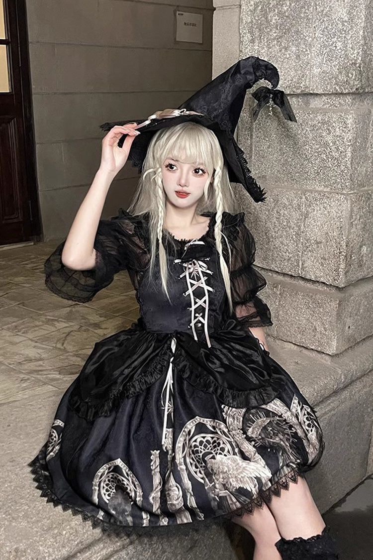 Gothic Punk Lolita JSK Dress with Ballet Lace-Up and Eternal Night Print