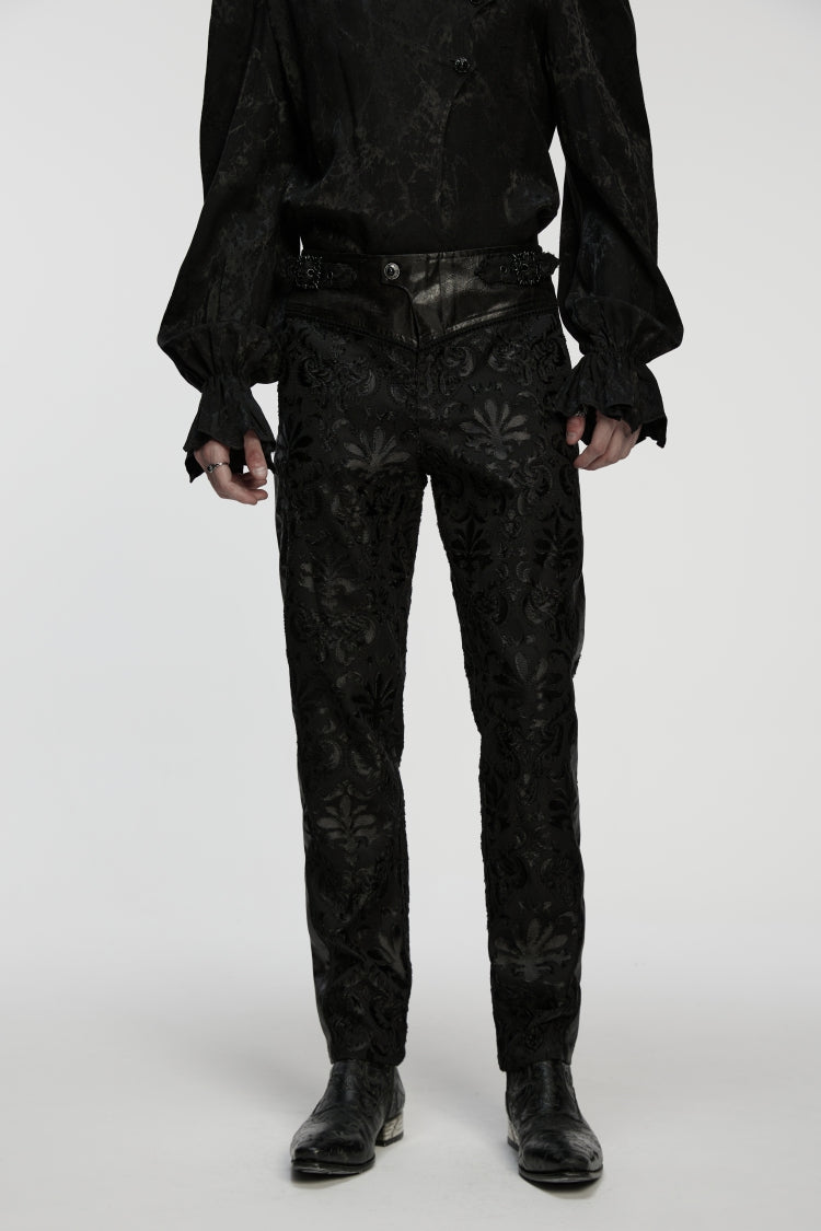 Men's Gothic Pants with Floral Embroidered Details in Black Jacquard