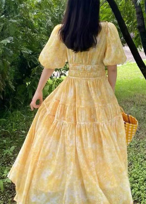 Print Bohemian Long Yellow V Neck Summer Dress Chiffon