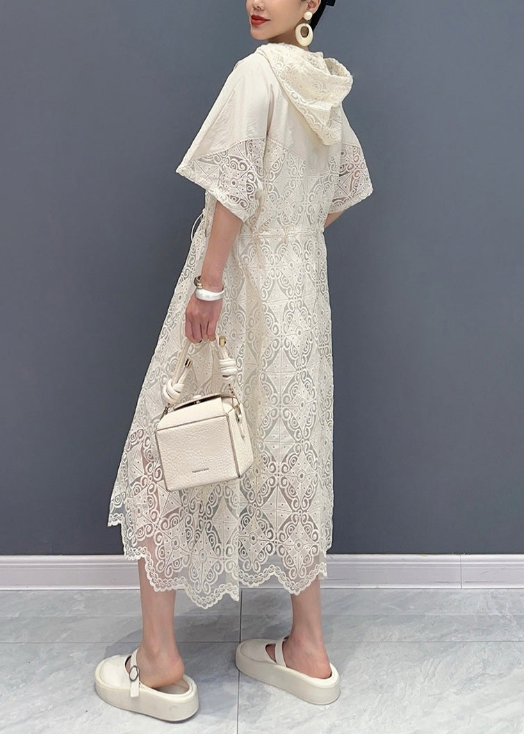 Französisches weißes Baumwollkleid mit Kapuze und Reißverschluss, ausgehöhlt, Sommer AO1073