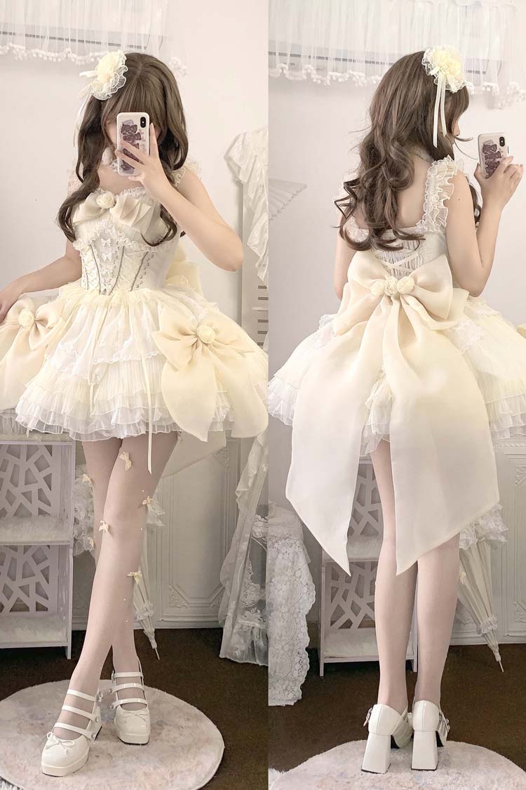 Sweet Princess Lolita JSK Gown with Multi-Layer Ruffles, Hanayome Bow & Lace-Up