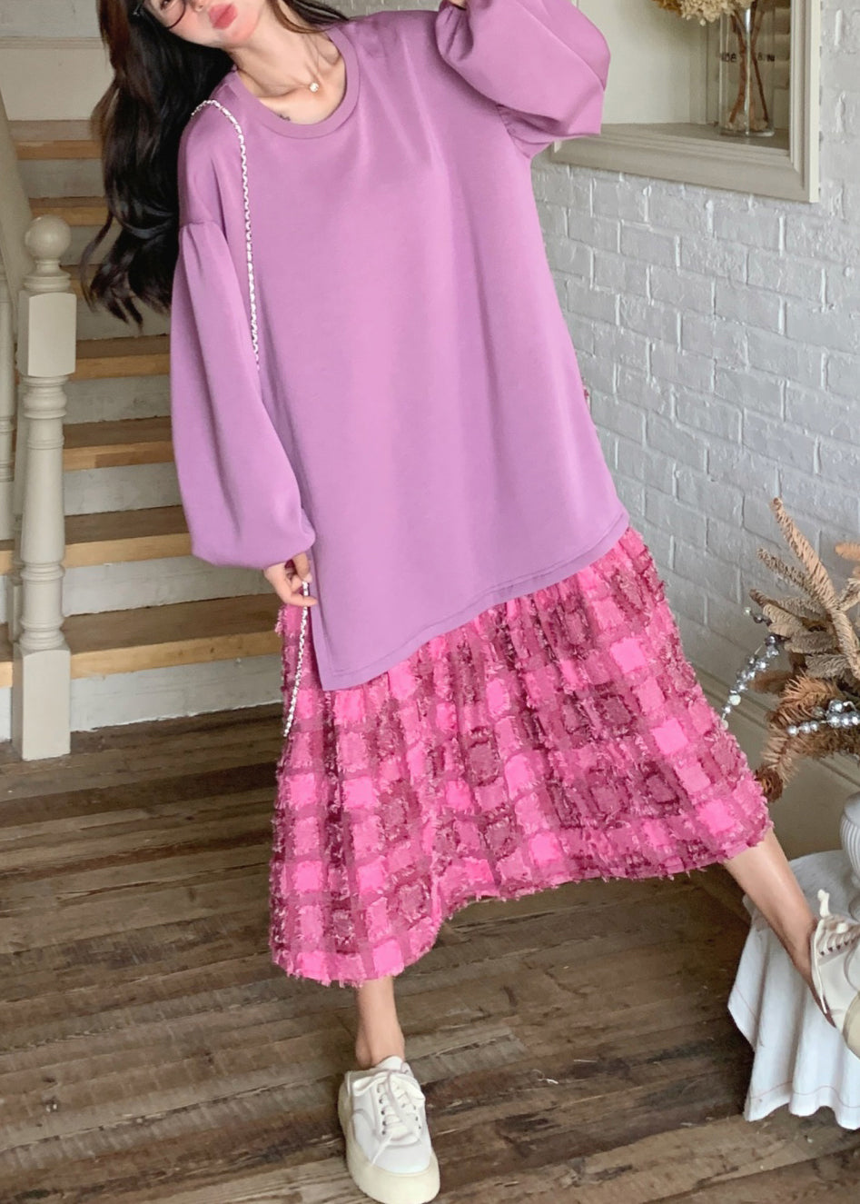 Purple Dress Spring Plaid O-Neck Loose Maxi