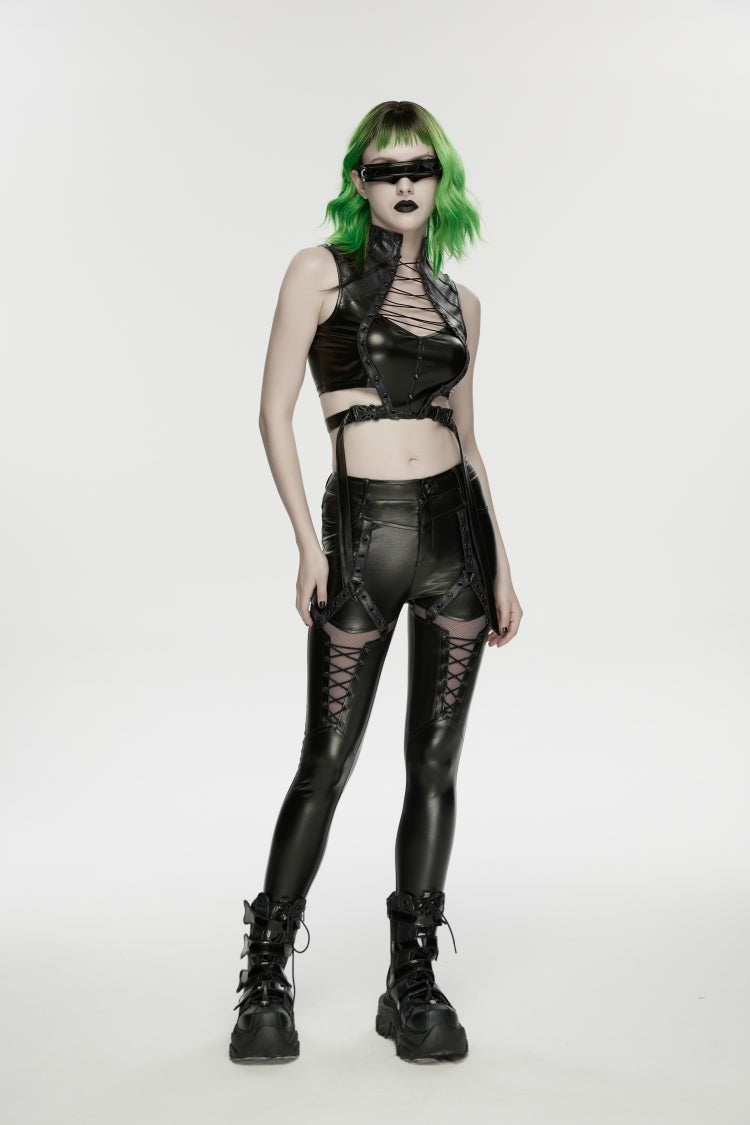 Women's Black Punk Crop Vest, Slim with Straps and Studs