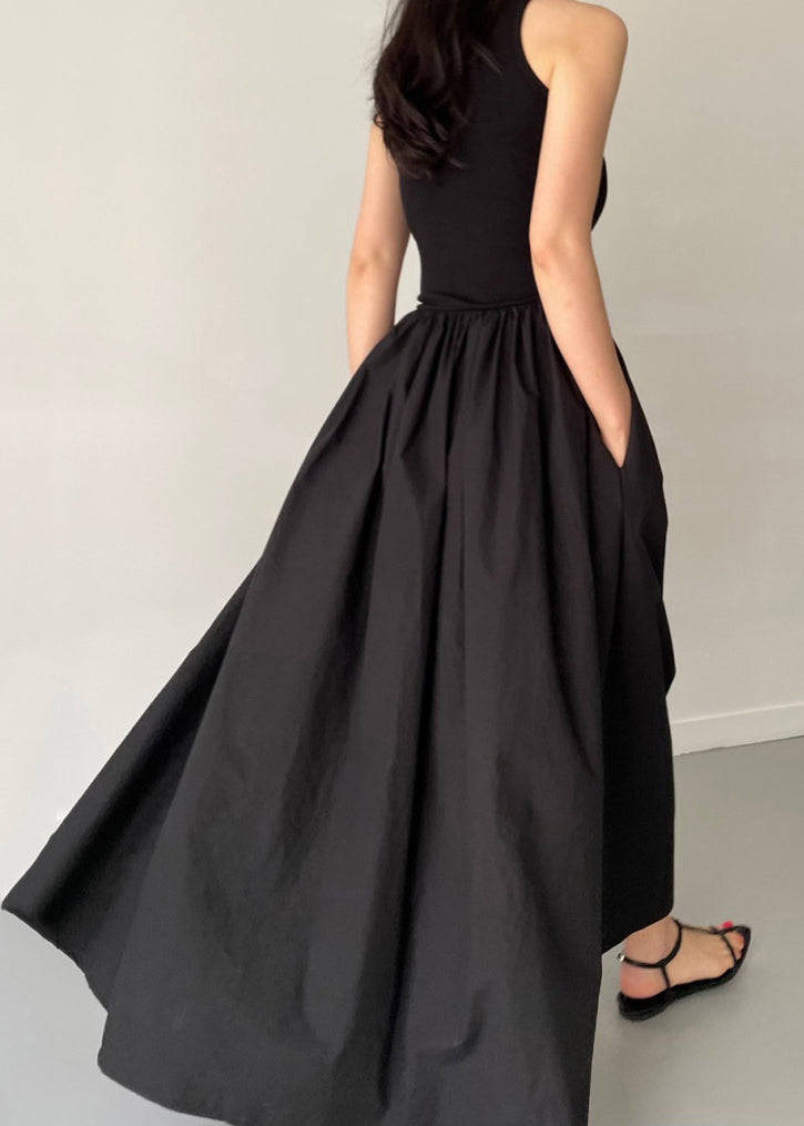 Patchwork Cotton Large Exra Party Hem Dress Sleeveless Black