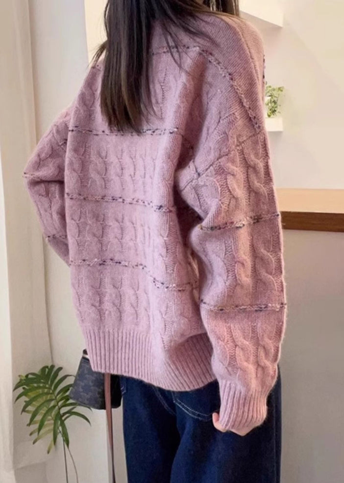 Neu Rosa O Hals Gemütliche Patchwork Stricken Pullover Herbst QX028