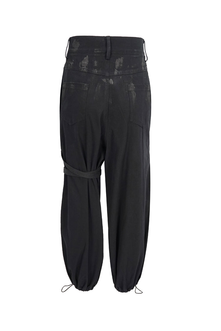 Punk Pants with Black Irregular Print, Single Side Frenulum and Drawstring Legs