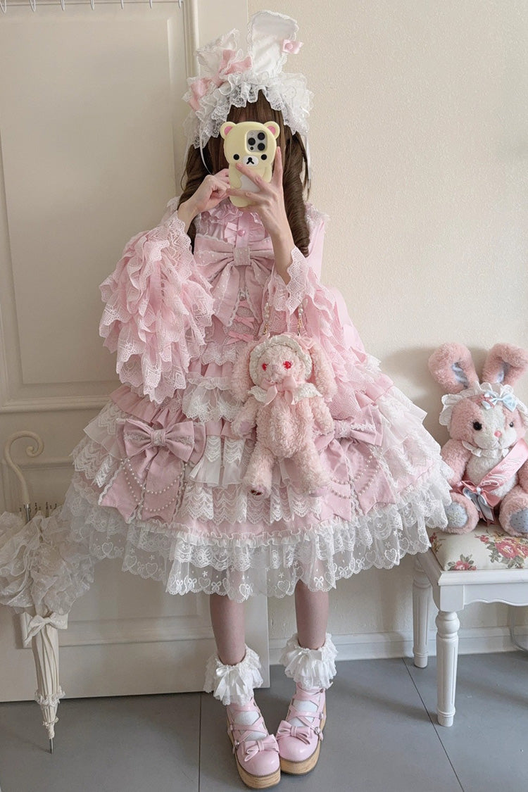 Blush Sleeveless Multi-Tier Ruffle Hanayome Cardigan Bow Lace-Up JSK - Knot of the Crossed Heart