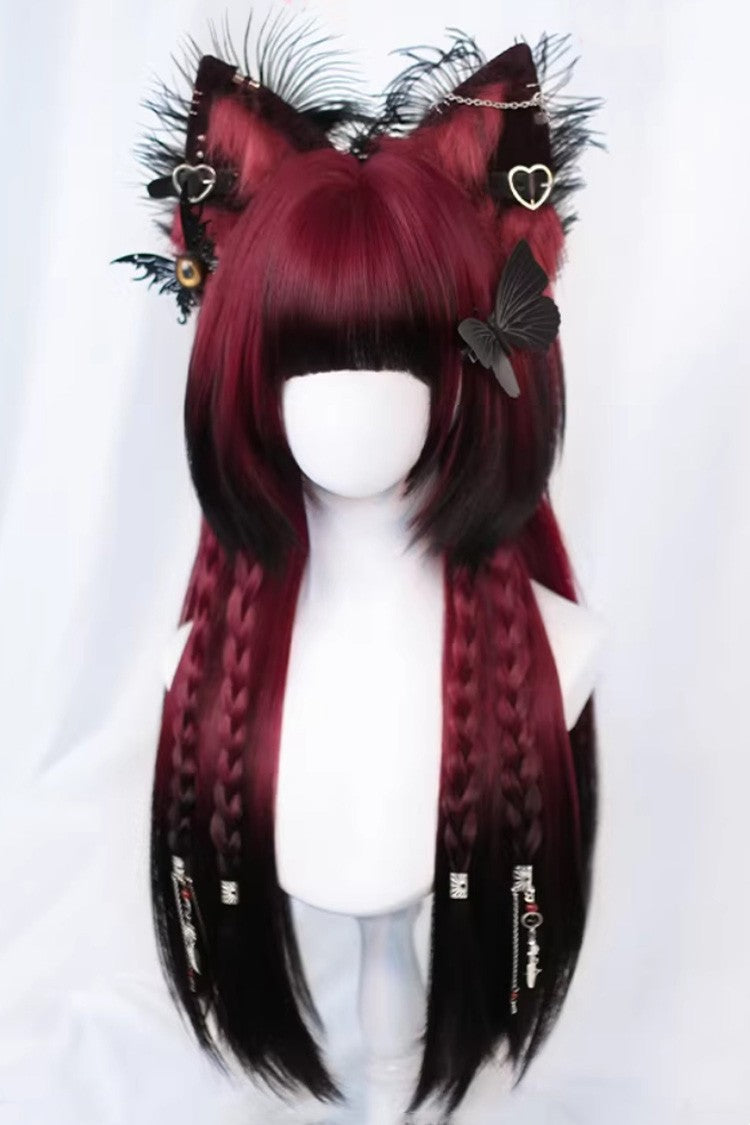 Ombre Burgundy Black Gothic Lolita Long Wig with Bangs - Elegant