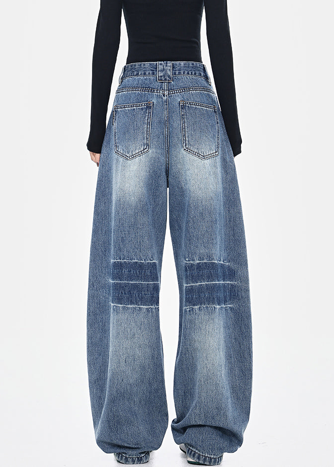 Pants Fashion Pockets High Spring Blue Patchwork Waist Denim