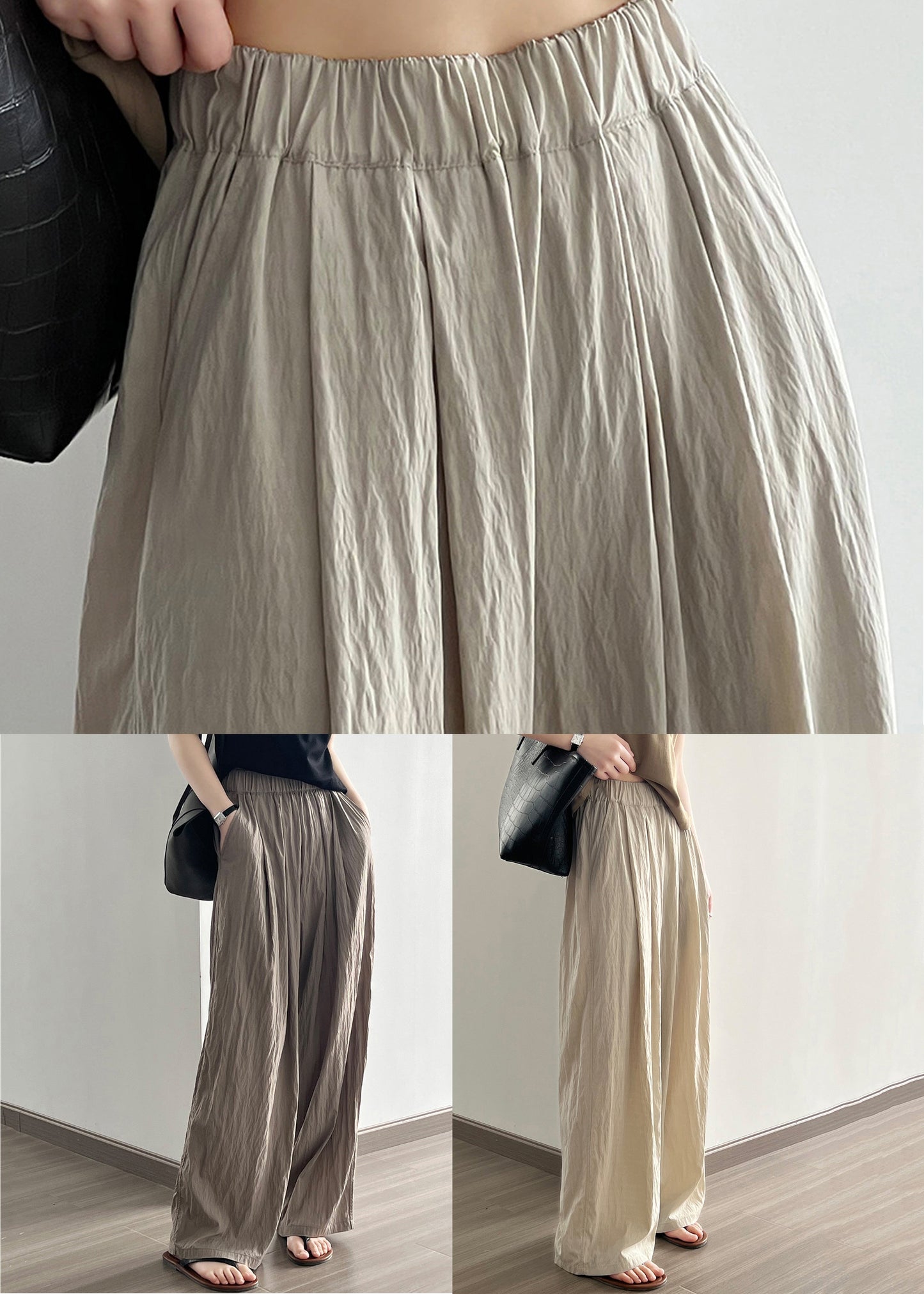 Aprikosenfarbene Baumwollhose mit weitem Bein und Taschen, elastischer Bund, QE005