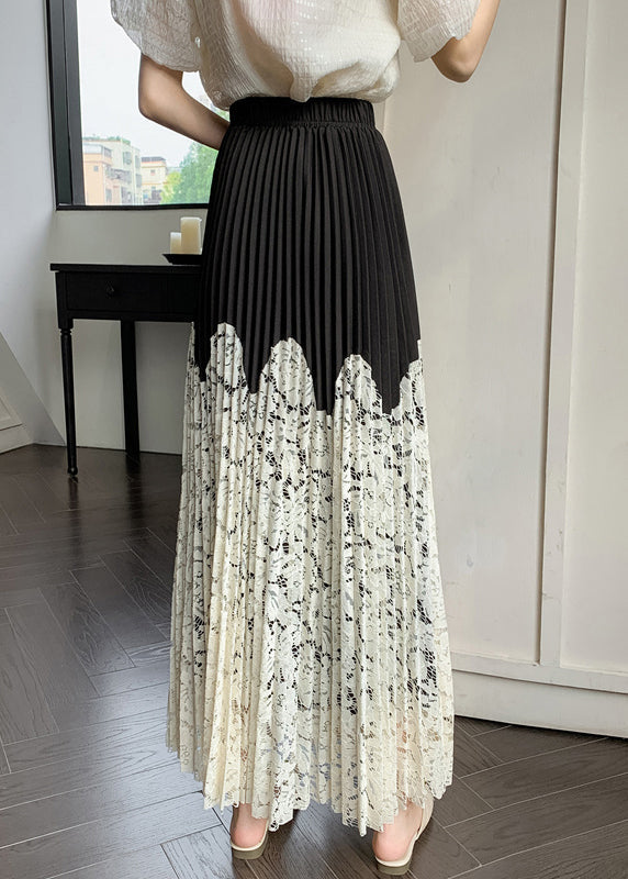 Art Apricot Faltig Elastische Taille Spitze Patchwork Rock Sommer QT068