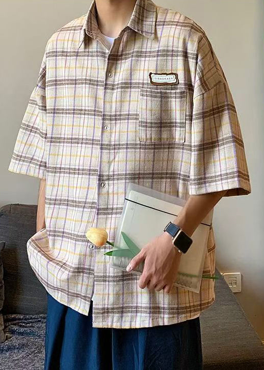 Plaid Summer Beige Art Shirt Button Men Cotton