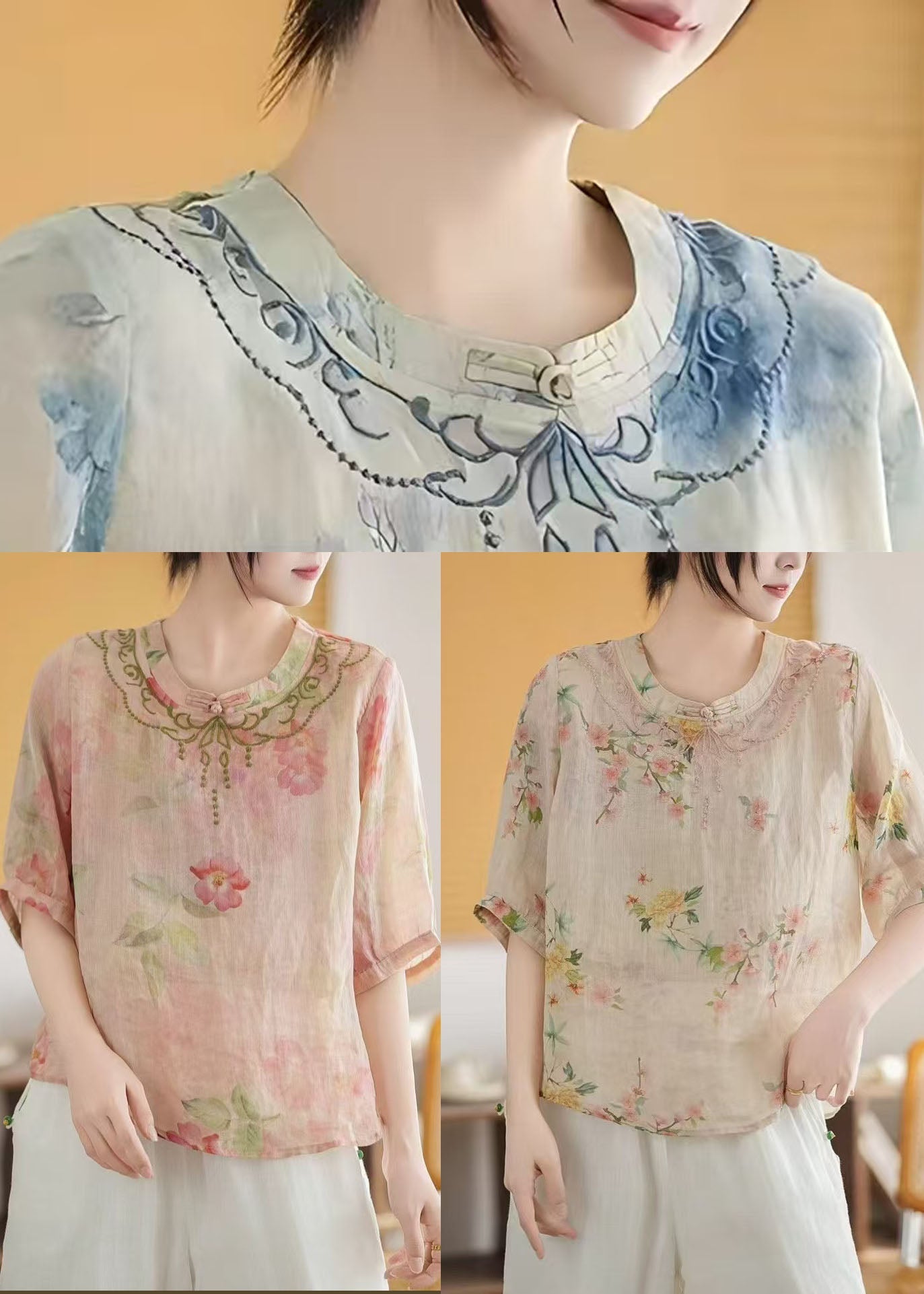 Top Mandarin Summer Print Art Linen Blue Collar