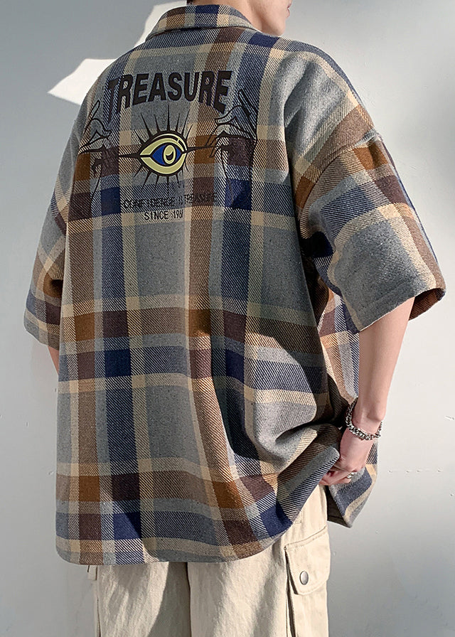 Peter Plaid Letter Collar Half Art Mens Shirts Pan Cotton Blue