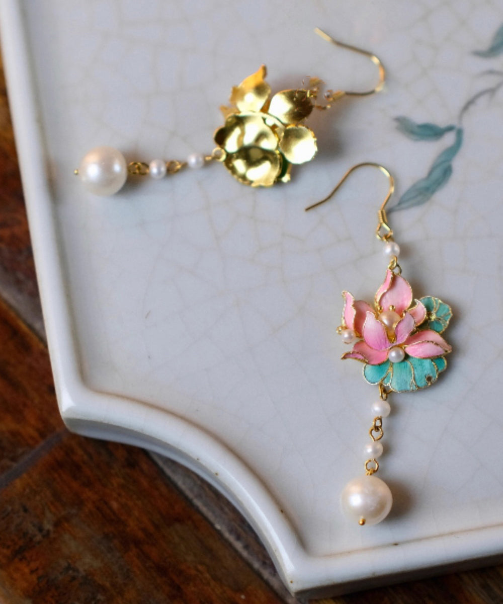 Art Colorblock Sterling Silber Overgild Perle Lotus Blumen Quaste Tropfen Ohrringe WQ002