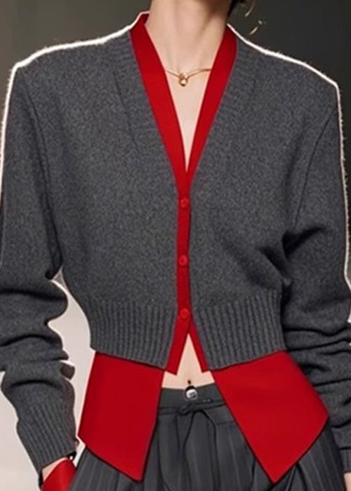 Art Pieces Knit Patchwork Sweater Spring Neck Grey V Two False