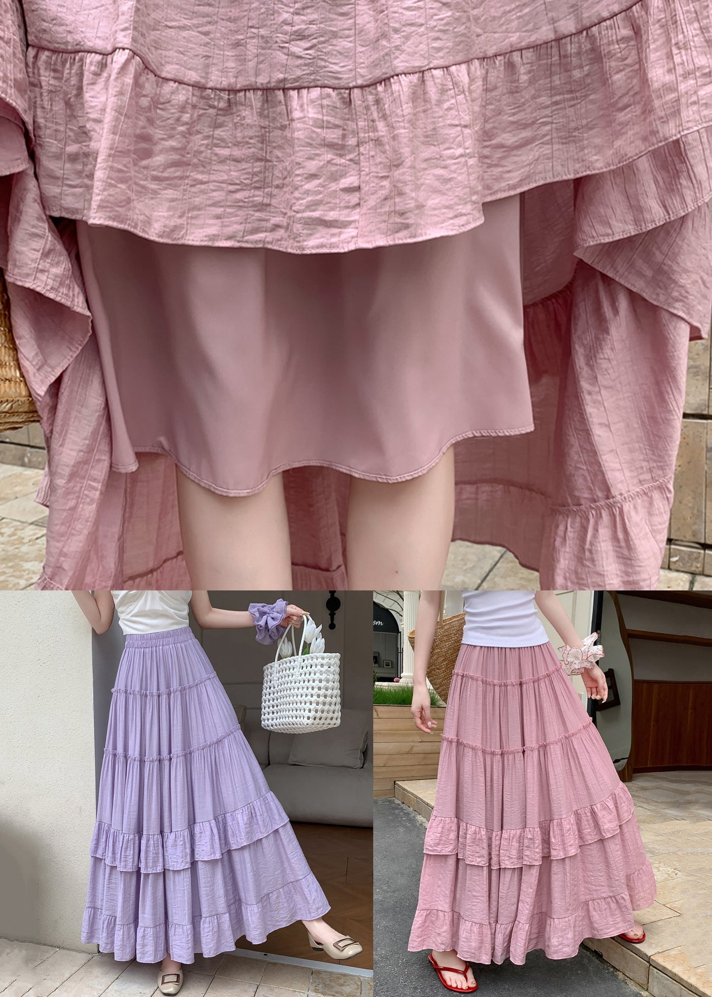 Ruffled Skirts Art Waist Elastic Summer Pink Cotton