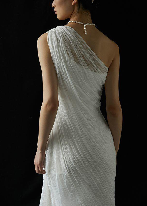 Wrinkled Cold Summer Shoulder Solid White Silk Art Dress Maxi