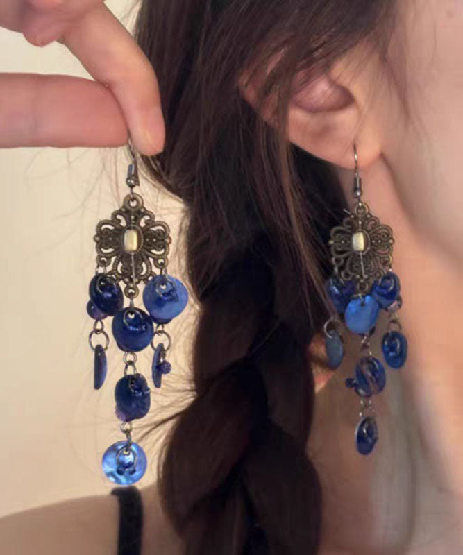Silver Beach Tassel Sterling Shell Hollow Earrings Blue Drop Out