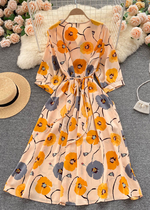 Belles robes en mousseline de soie imprimées à col en V noires à demi-manches TR040