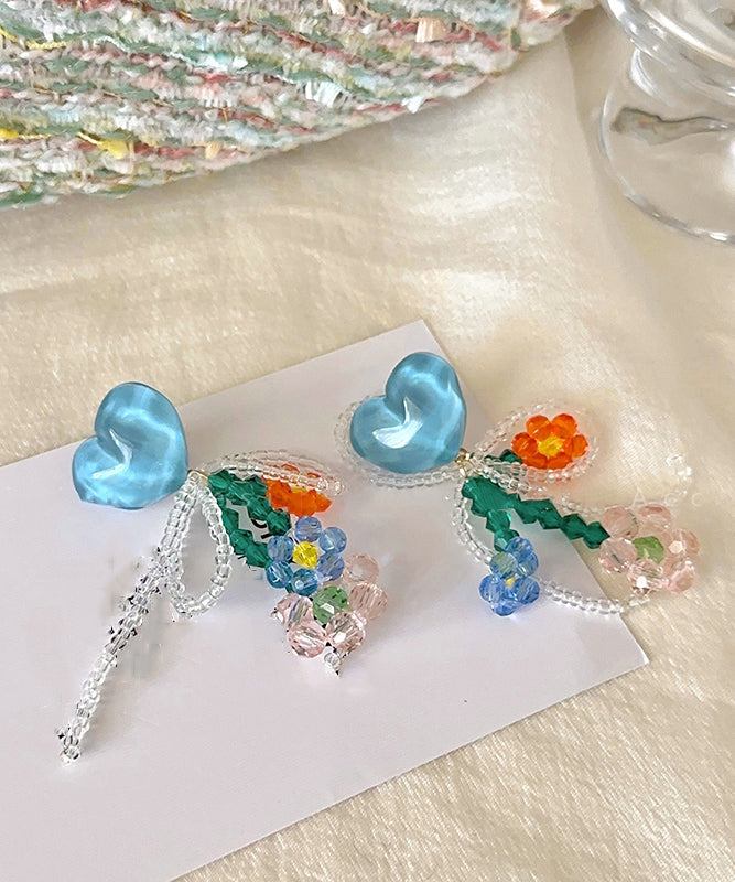 Beautiful Blue Copper Crystal Beading Love Tassel Drop Earrings YZ006