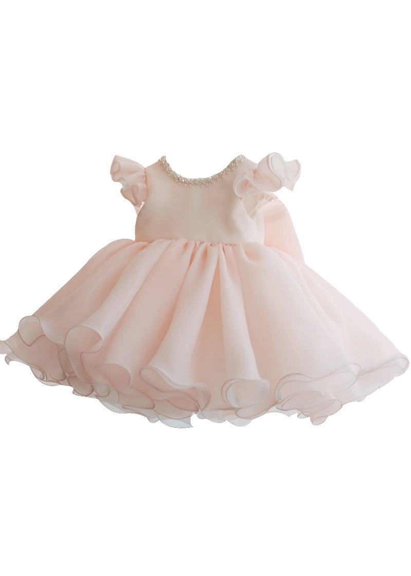 Beautiful Pink Nail Bead Patchwork Tulle Kids Long Dresses Short Sleeve YS039