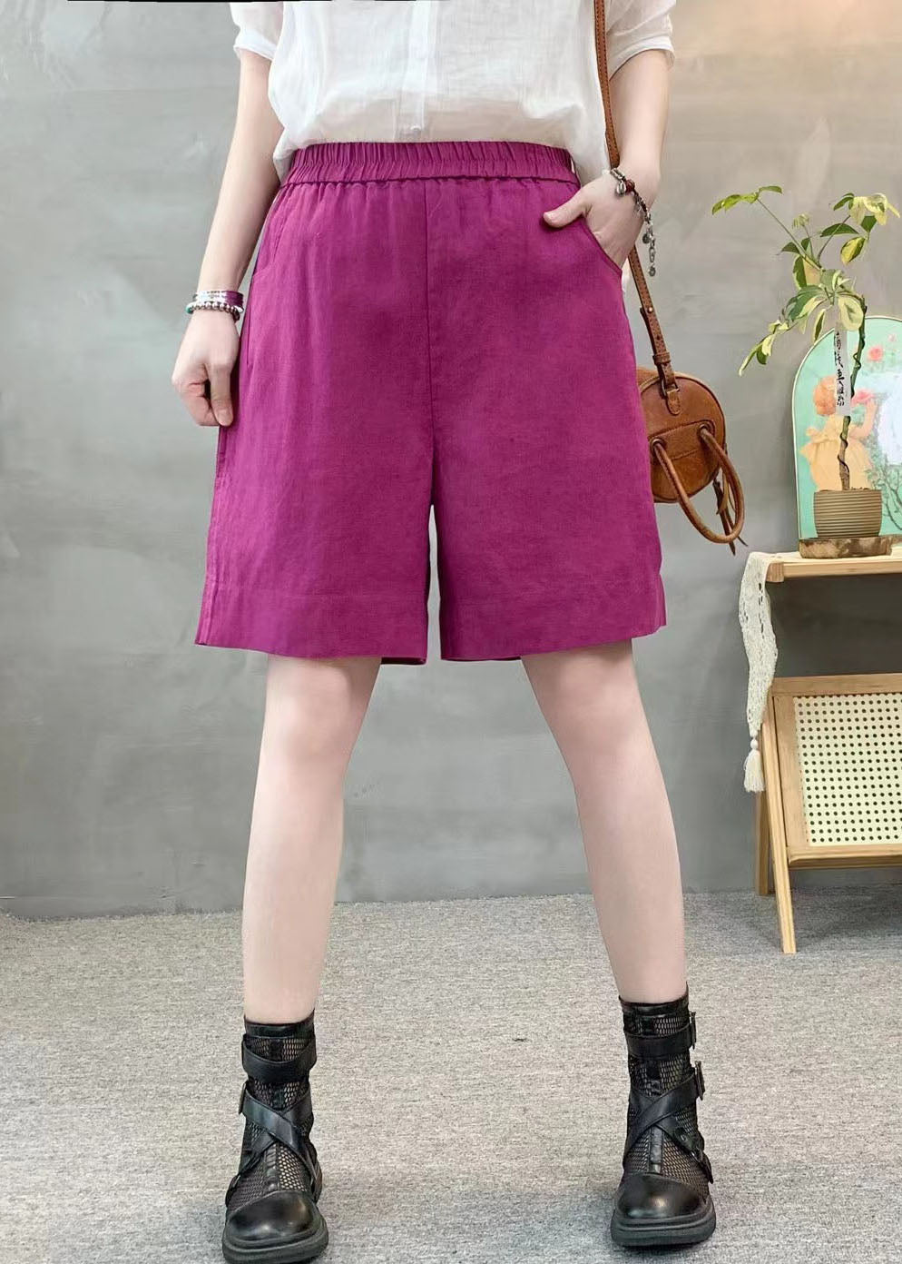 Purple Summer Oversized Linen Pants Shorts Pockets Beautiful