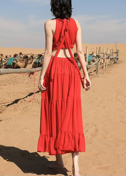 Beautiful Chiffon Red Long Sleeveless Up Lace Embroidered Dress