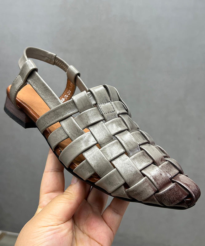 Out Grey Beautiful Splicing Sandals Hollow Chunky Leather Cowhide