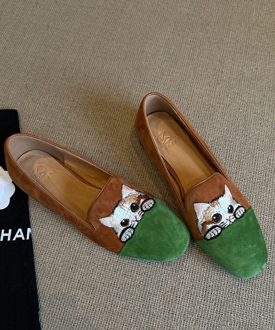 Beautiful Splicing Penny Loafers Brown Suede Embroidered YC015