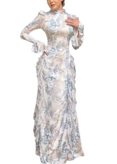 Ruffles Beautiful Print Long White Dresses Chiffon Spring