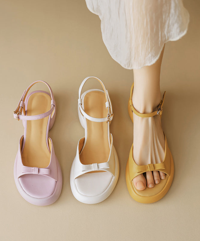 Toe Bow Splicing Peep Buckle Platform Beige Strap Sandals