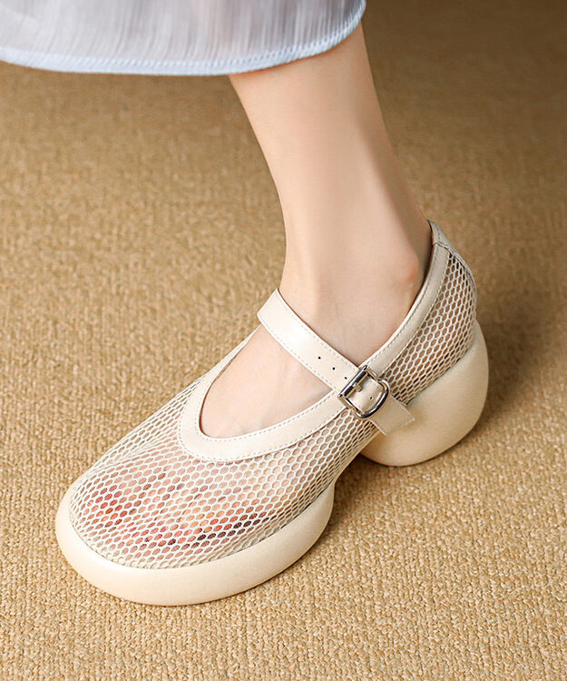 Leather Splicing Beige Mesh Buckle Breathable Cowhide Strap