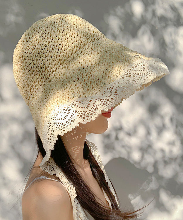 Woven Lace Beige Hat Sun Women Summer Brimmed Straw Large