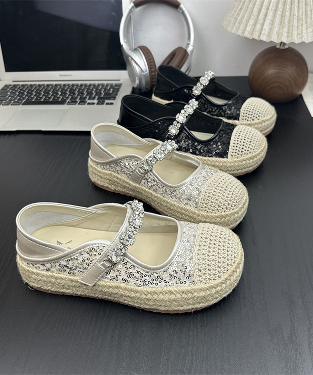 Flat Sequins Platform Beige Shoes Buckle Zircon Splicing Strap