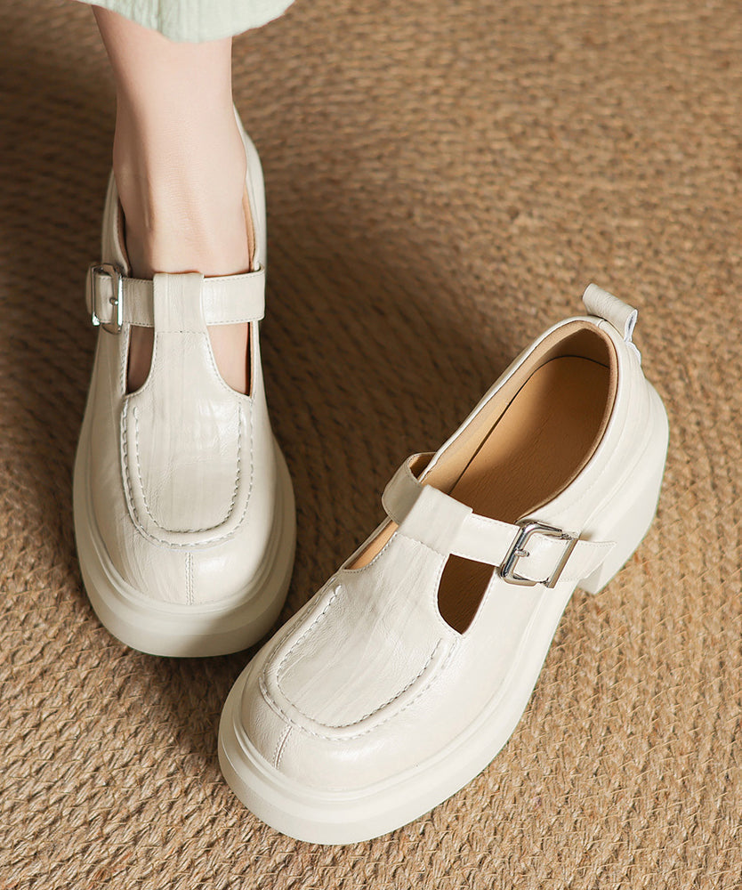 Beige Sheepskin Chunky Heel Loafers Women Splicing Buckle Strap YC008