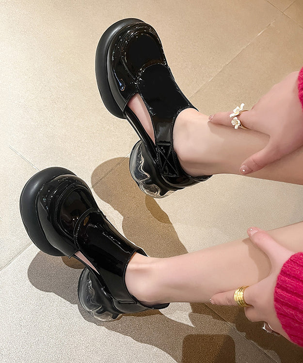 Hollow Chic Splicing Cowhide Black Out Platform Leather Loafers