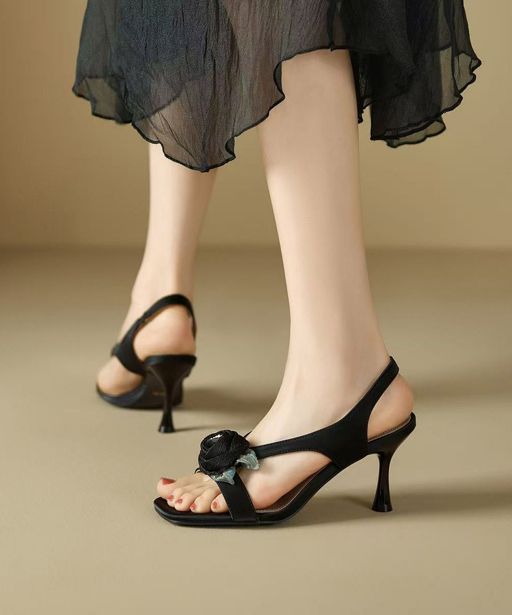 Black High Sandals Peep Splicing Toe Floral Heel