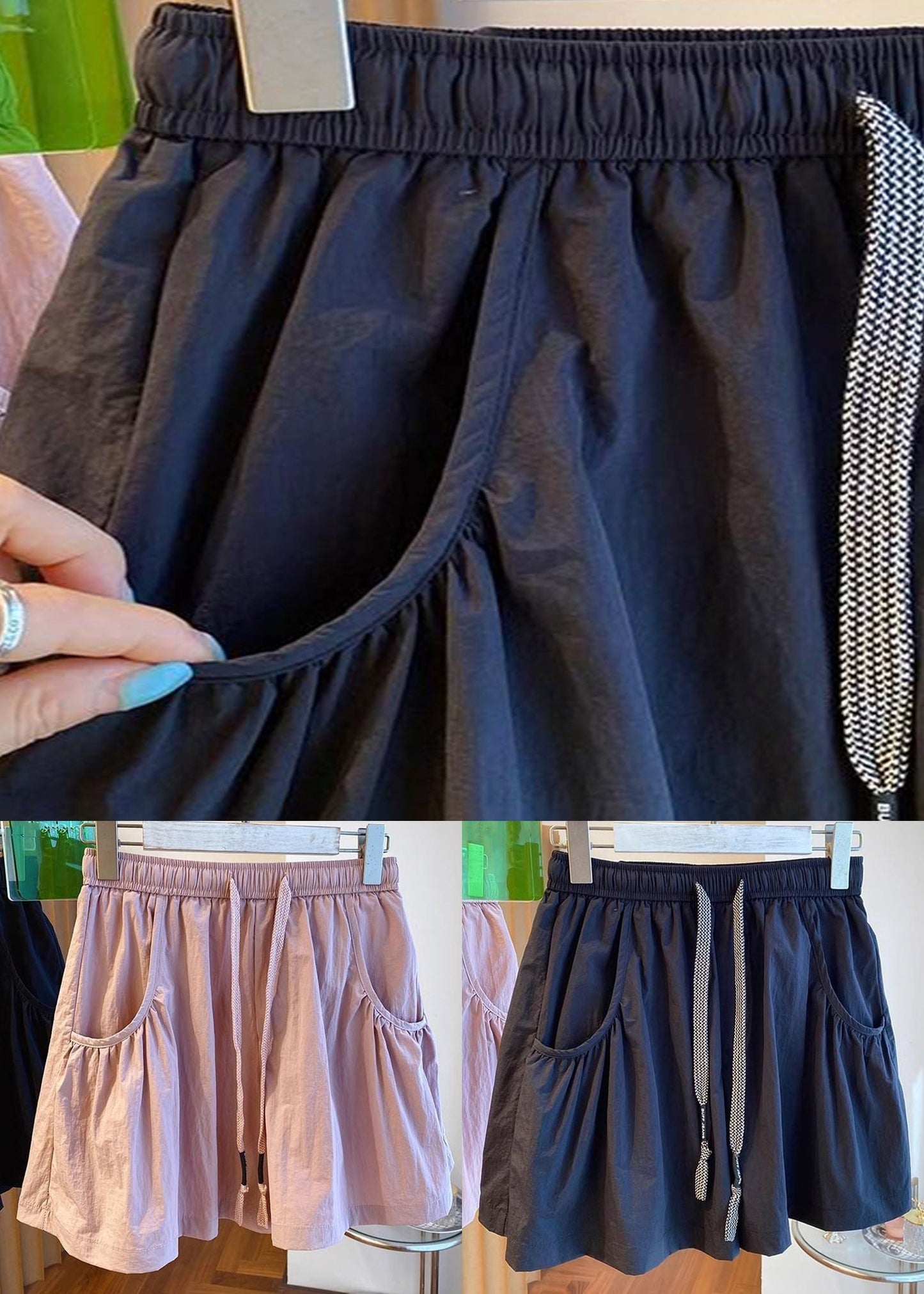 Schwarze Baumwollshorts mit Schnürtaschen und elastischer Taille QE013