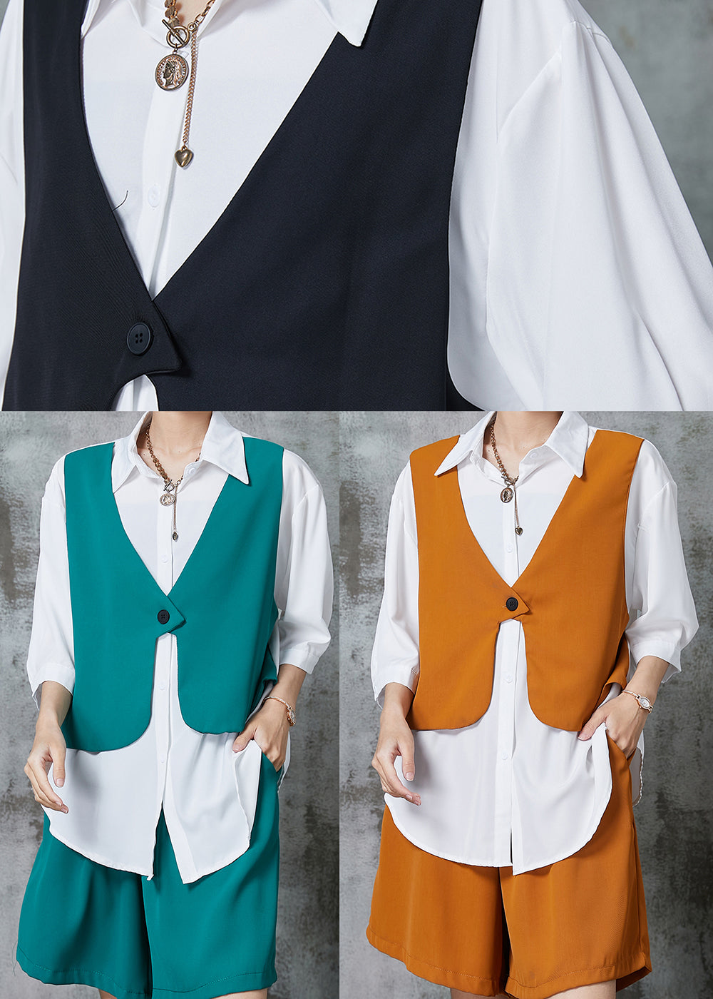 Schwarzes, lockeres Chiffon-Zweiteiler-Set mit Hemden und Shorts, übergroß, für den Sommer, AL1006