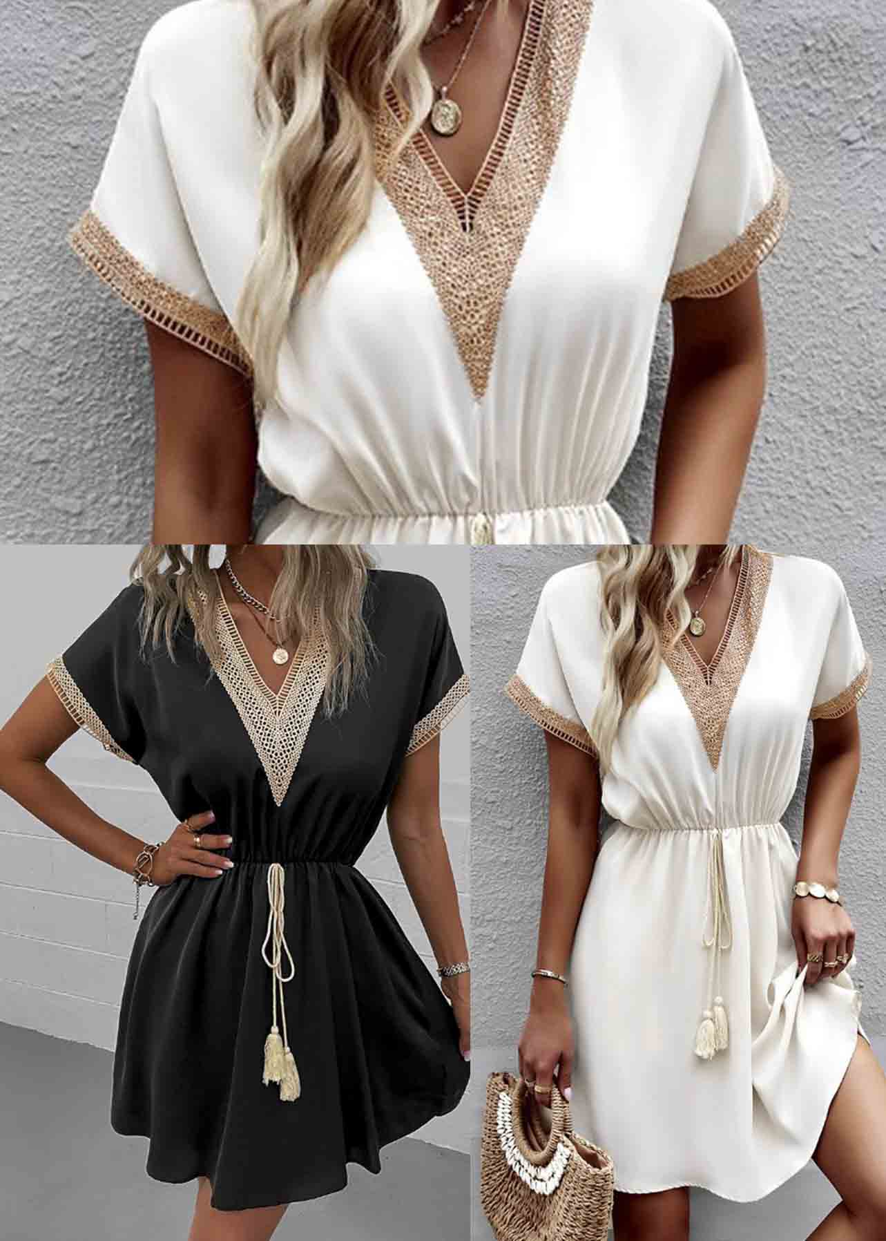 Dress Patchwork V Lace Waist Summer Tie Black Neck